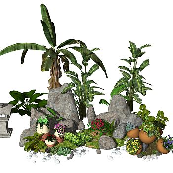 新中式景观小品庭院景观石头盆栽植物假山石头SU模型