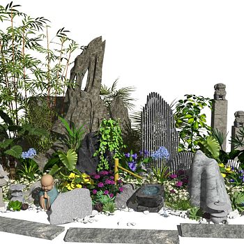 新中式景观小品假山石头水景庭院景观植物灌木花卉SU模型