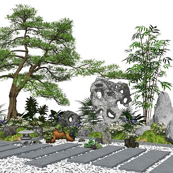 新中式景观小品庭院景观植物松树假山石头SU模型