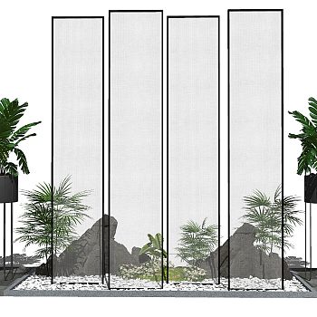 新中式景观小品庭院景观盆栽隔断屏风假山石头SU模型