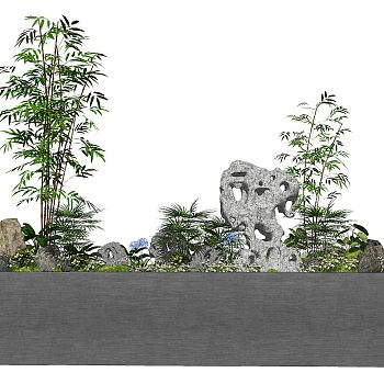 新中式景观小品假山石头竹子植物庭院景观花箱SU模型
